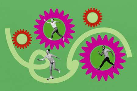 Art sketch 3d image full collage of happy businessman businesswoman run gearwheel optimization settings aim achievement growthの写真素材