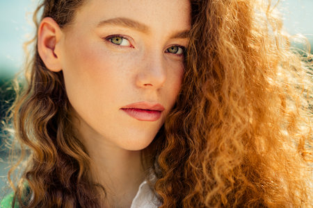Portrait of a confident young woman outdoors during daytime with natural makeup and red curly hair...