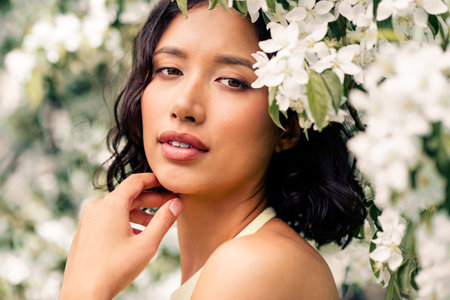 Charming young woman surrounded by blooming white blossoms in a peaceful outdoor setting on a sunny spring dayの写真素材