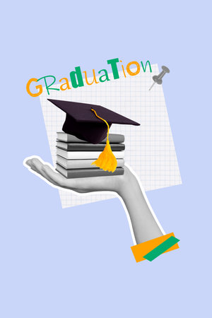 Image trendy art banner collage of human hand hold book stack master hat graduation degree student education finish sticker pinの写真素材