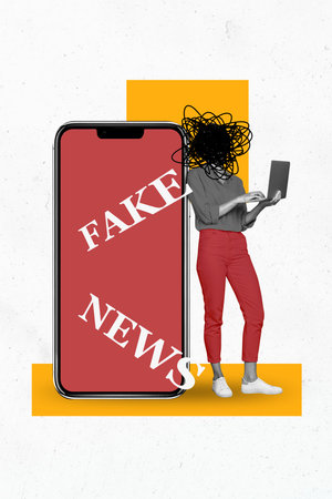 Trendy exclusive 3d vertical artwork collage of anonym girl hold laptop fake new phone screen propaganda concept scam newsの写真素材