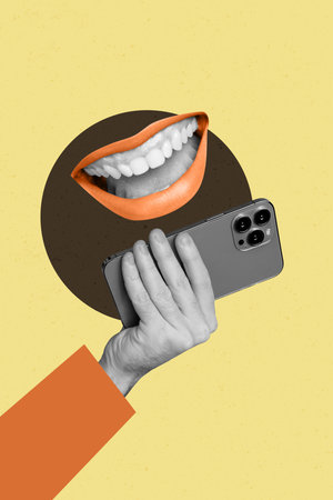 Vertical sketch 3d collage poster of faceless mouth show teeth cavity care whitening treatment hand gossip propaganda talk rumorsの写真素材