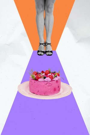 Creative artwork image 3D collage of pastry muffin cupcake fruit sweet eat dieting cuisine gourmet woman legs stand wear shoes high heelsの写真素材
