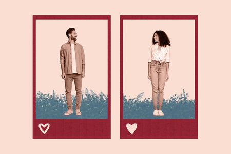 Creative full art image zine collage of two happy girl guy walk instagram post social media like reaction romantic feelingsの写真素材