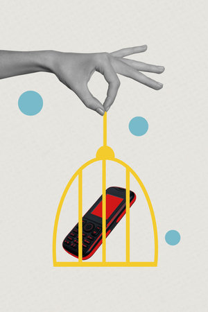 Poster sketch image artwork 3D photo collage of hand hold cage chain lock prison mobile cellphone cyber safety communication prisonの写真素材