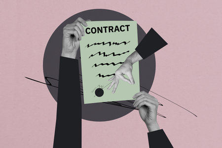Creative poster collage of hands hold contract with okay symbol on pink backgroundの写真素材