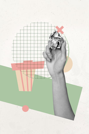 Image zine vertical collage of happy girl guy stand trash bin pollution problem save earth plastic rubbish responsibilityの写真素材