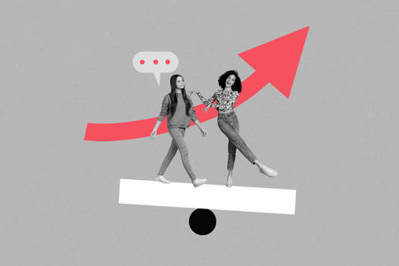 Template sketch image composite artwork collage of two young woman talk stand block balance arrow up target stats analyzing goal businessの写真素材