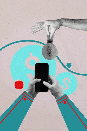 Pop template collage of object having hand use smartphone money sack isolated on grey background with coin symbolの写真素材