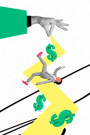 Template collage design artwork 3D sketch of hand hold line no face man body fall down dollars...