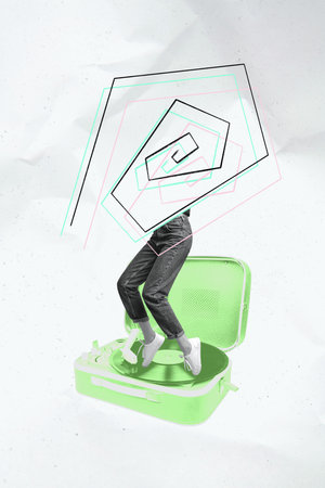 Vertical artwork exclusive collage of anonym dj girl instead head spiral bodyless dance vinyl disk 90s celebration melody partyの写真素材