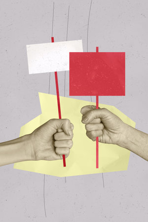 Poster banner creative photo collage of hands hold picket strike demonstration pressure activist propaganda election voteの写真素材