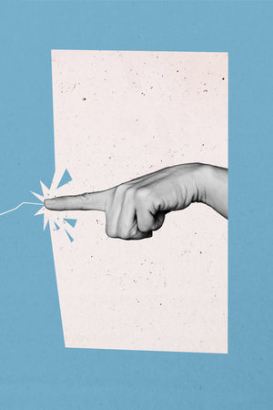 Banner 3d sketch photo image collage of hand point index finger non verbal gesture showing direction amount navigation numberの写真素材