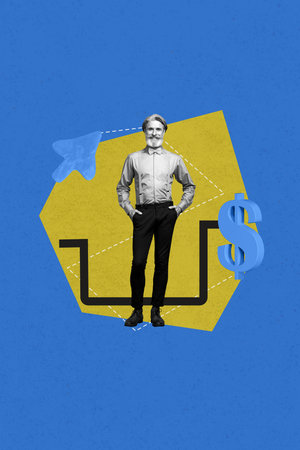 Vertical artwork collage of happy elderly businessman stand dollar symbol currency money earnings success arrow pointer profitの写真素材