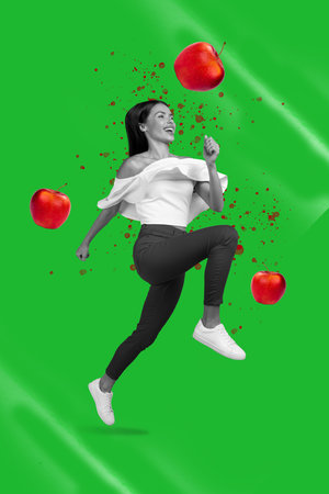Art poster collage of person stand run with flying fruit over green color backgroundの写真素材