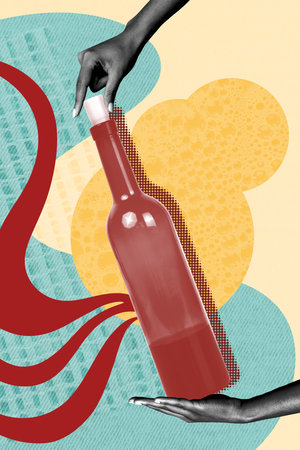 Trend artwork sketch design montage 3D collage of anonymous two big hands hold between glass bottle wine relax celebrate toast drink clubの写真素材