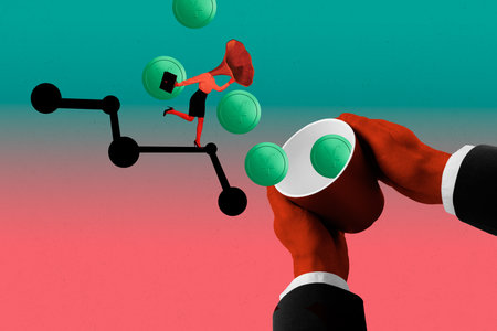 Exclusive image full artwork photo collage of anonym businesswoman instead head pipe run graph regress yuan collapse inflationの写真素材