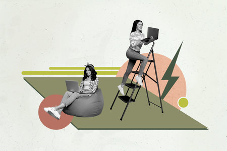 Composite 3D collage trend artwork design of coworking two young lady sit beanbag go ladder up hold laptop internet device remote virtualの写真素材