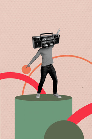 Composite sketch design artwork 3D photo collage of absurd boombox head man body dance weekend rest nightclub entertainment occasionの写真素材