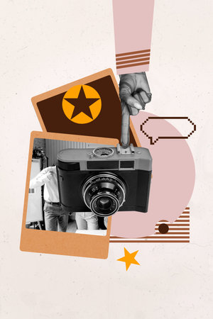 Creative artwork sketch image collage of journalist capture moment photo content hand gesture finger touch camera shooting picture memoryの写真素材