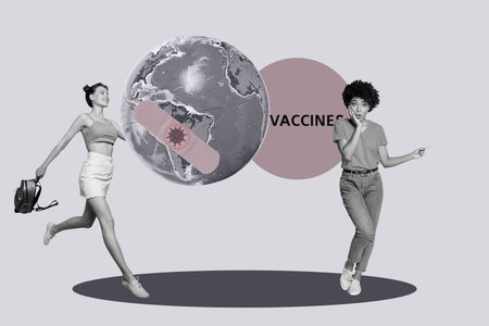 Composite trendy magazine photo collage of two happy girl guy stand map world tape plaster pathogen covid prevention therapyの写真素材