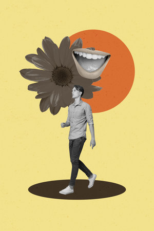 Image zine trend photo collage of happy girl guy walk mouth foolish bullying problem chamomile flower bloom spring season summerの写真素材