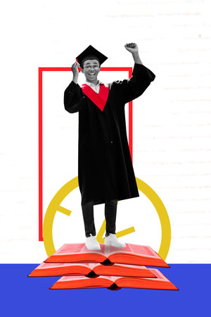 Trend template sketch design 3D photo collage of young man stand smile pile open book oclock success intelligent academic study educationの写真素材