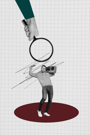 Banner collage of person stand listen tape recorder under huge magnifier over white backgroundの写真素材