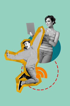 Vertical contemporary photo collage of happy girl guy hold laptop wifi distance chat messenger...