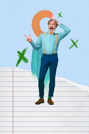 Poster trend collage of person stand demonstrate on blue background with notebook page geometry signsの写真素材