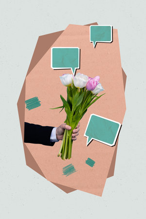 Image surreal collage of person hand show flower bouquet with speech bubble on grey backgroundの写真素材