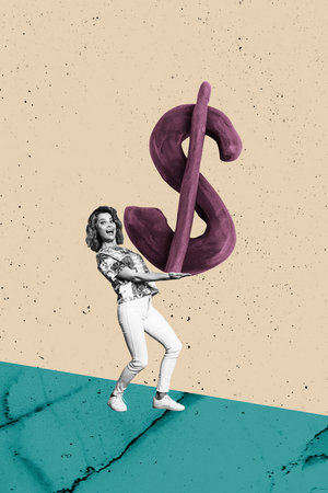 Vertical 3d poster art pop collage of happy businesswoman hold dollar sign usd capital success currency income bonus financeの写真素材