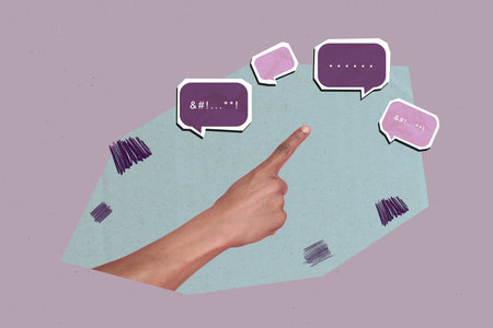 Poster banner collage of hand gesturing demonstrate with many speech bubble purple background