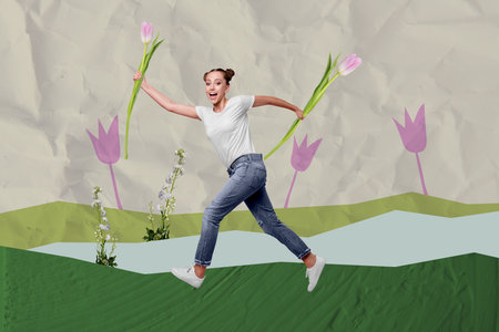 Creative full art collage of happy girl guy run park field tulips flower blossom spring summer...