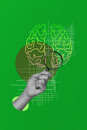 Vertical sketch 3d collage poster of hand hold magnifier lens futuristic cyber brain icon artificial intelligence modern appの写真素材
