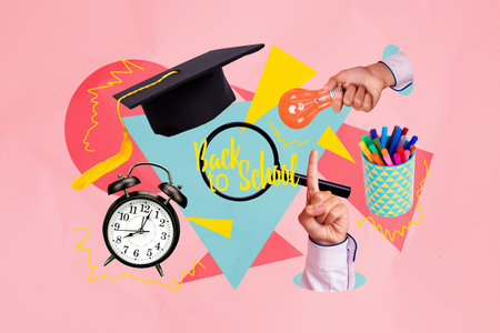 Image full pop trend collage of human hands hold light bulb master hat magnifier lens felt pencil...