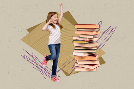 Exclusive artwork banner creative collage of happy small school girl stand book stack literature lesson library pupil educationの写真素材