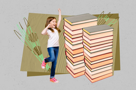 Exclusive artwork banner creative collage of happy small schoolgirl stand book stack literature lesson library pupil educationの写真素材