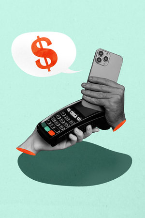 3d sketch image vertical collage of hand hold phone dollar purchase credit card contactless payment...