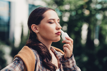 Young woman enjoys fresh outdoor air with nasal spray on an urban street during a pleasant autumn afternoonの写真素材