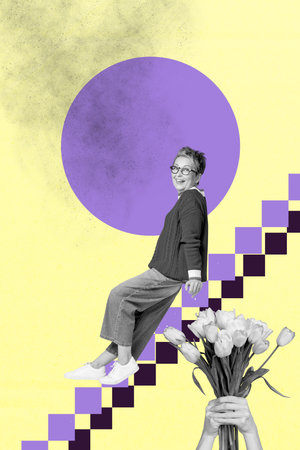 Poster image collage of person sit steps bouquet up ladder block on yellow color background