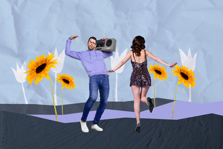 Pop zine full artwork collage of two happy girl guy dance together sunflower bloom field flower celebration party event summerの写真素材