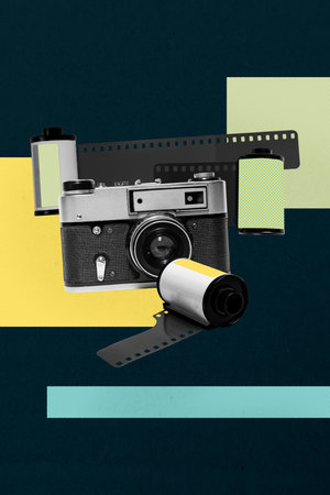 Banner exclusive image collage of retro photo camera author focus lens shooting cadre moment film paparazzi battery accumulatorの写真素材