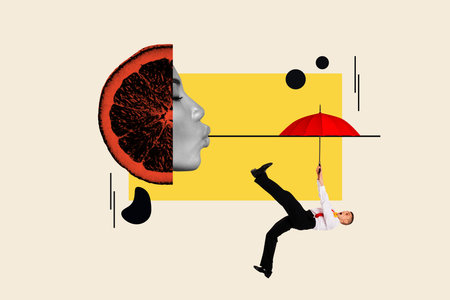 3D collage design composite trend artwork sketch of beauty trend surreal flyer urban woman head face kiss citrus man hold umbrella funnyの写真素材