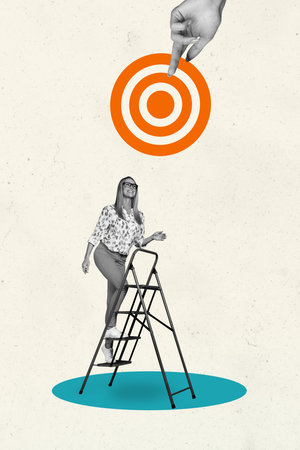 3D photo collage template trend artwork sketch of circle score accurate strategy aim aged woman walk up ladder career promotion successの写真素材