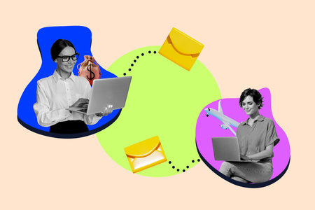 3d image zine full artwork collage of two happy business girls colleagues hold laptop distance money...