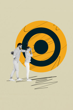 Banner collage of person give surprise near huge dart target over green background