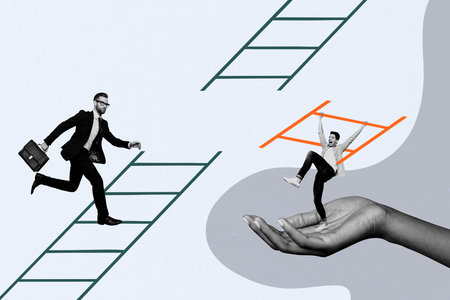 Composite image trend artwork collage of businessman run ladder young guy hold piece stand hand job human resources recruitment occupationの写真素材