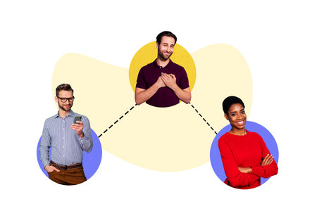 Template sketch artwork 3D photo collage of profile friends young man lady talk conversation phone cloud thought balloon comment chatの写真素材