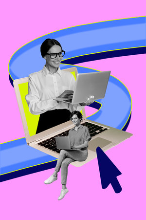 Vertical art pop poster banner collage of two happy girl manager colleagues type laptop cursor development employee promotionの写真素材